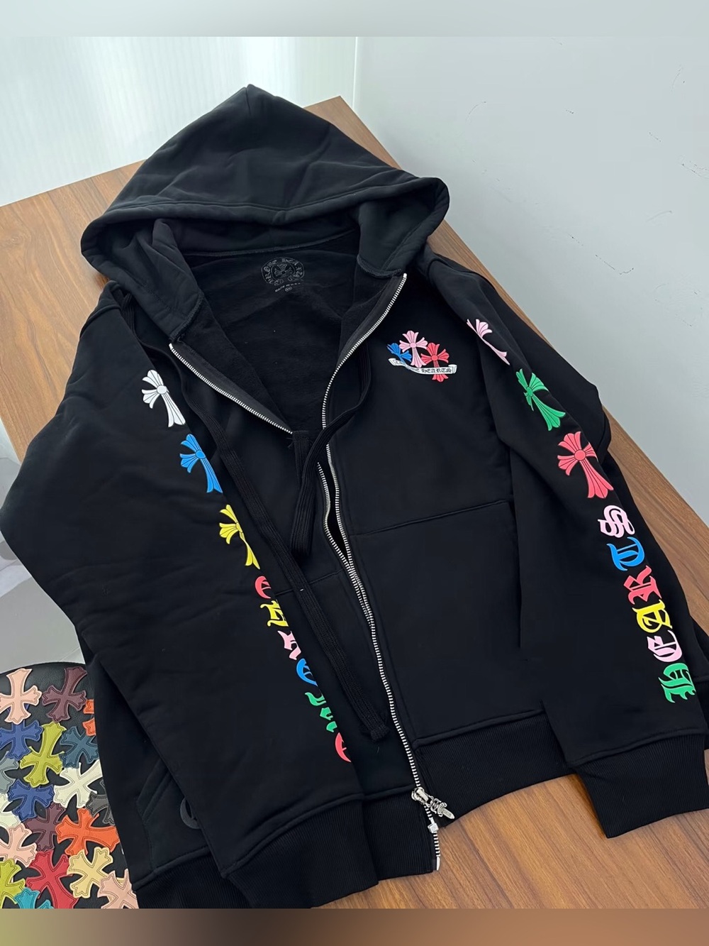 Chrome Hearts Black Zip-Up Hoodie with Multicolor Cross Motifs